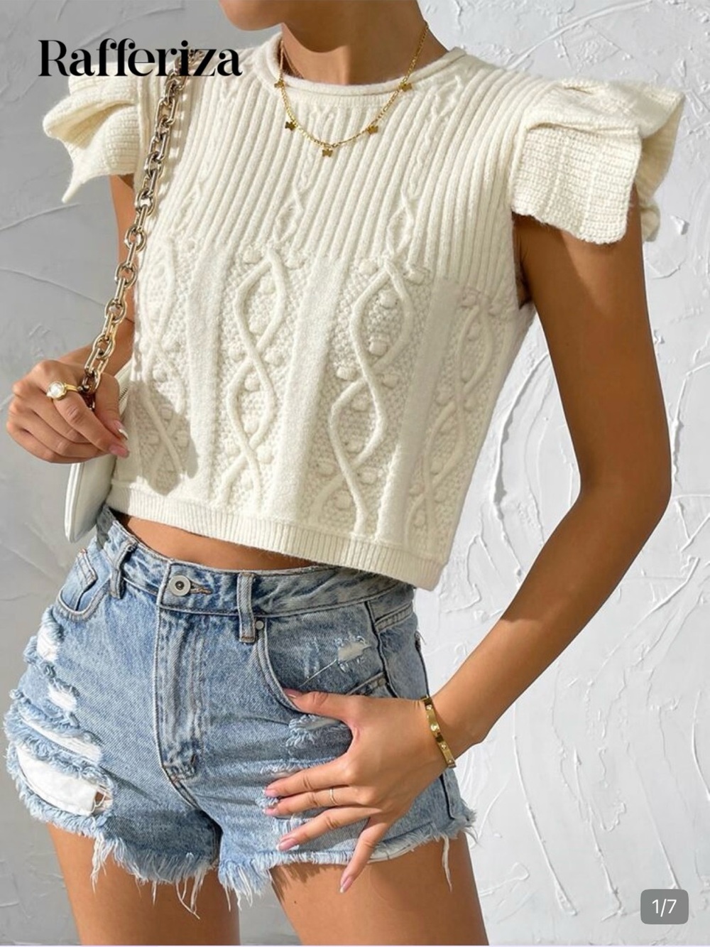 SHEIN Cream Cable-Knit Short Sleeve Crewneck Sweater